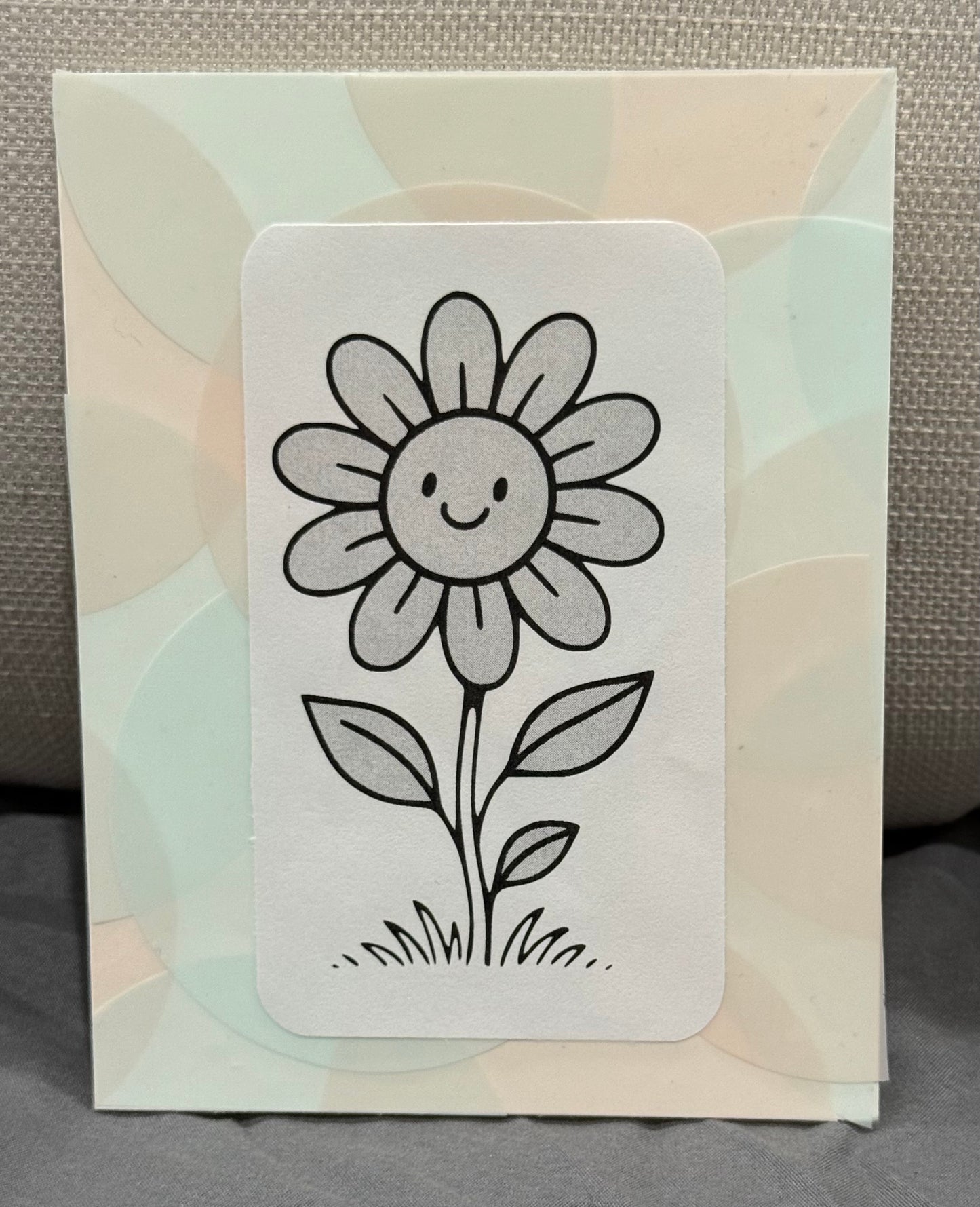 Flower Note Card on Pastel Pink and Green Vellum with Whimsical Black and White Flower Design, Includes Envelopes