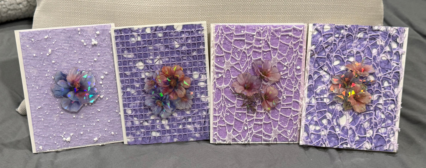 Layered Textures Blank Notecards with a Floral Ascent - Handmade Unique Cards in Pink & Purple Textured Paper Envelopes, Perfect for Quick Notes