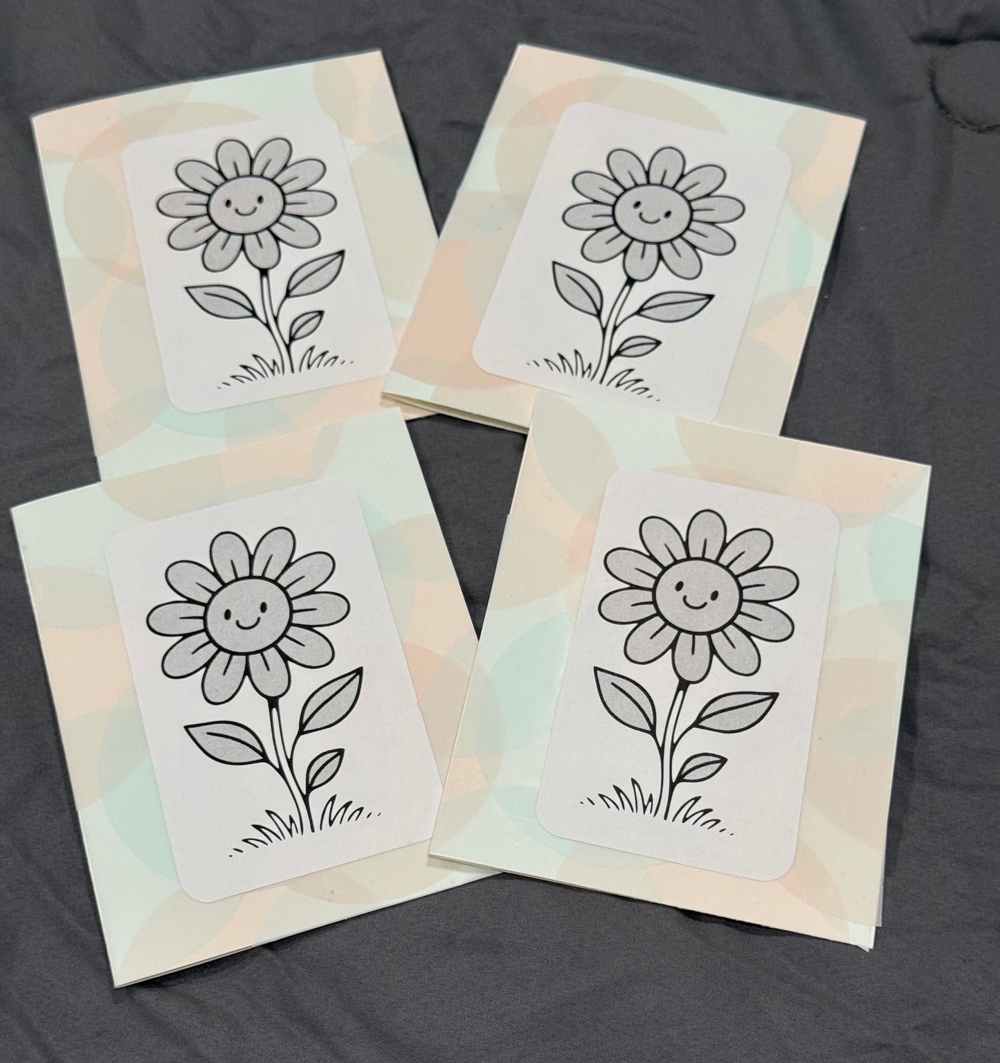 Flower Note Card on Pastel Pink and Green Vellum with Whimsical Black and White Flower Design, Includes Envelopes